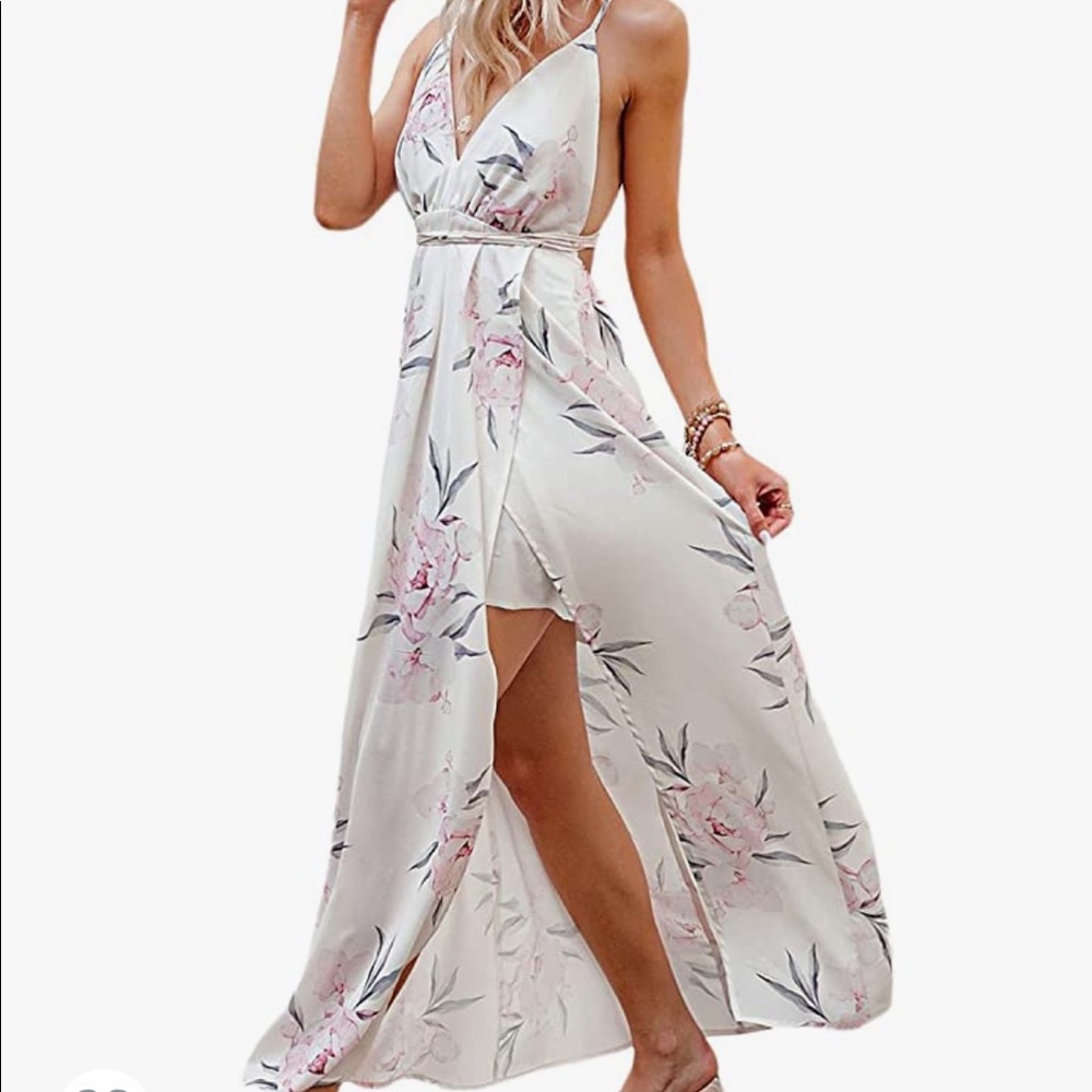 V Neck Backless Floral Print Split Maxi Dress